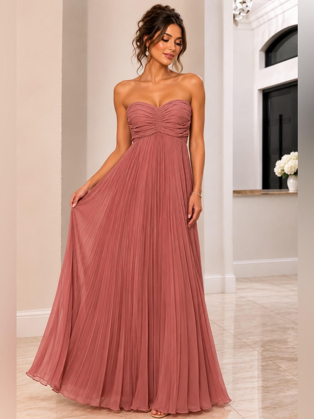 Dusty Rose Pleated Gown Strapless Formal Wedding Guest Sz 16 NWT
